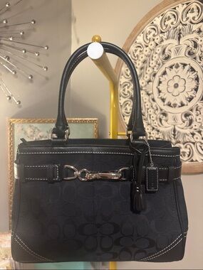 Coach Black Signature Jacquard Satchel with Silver Buckle